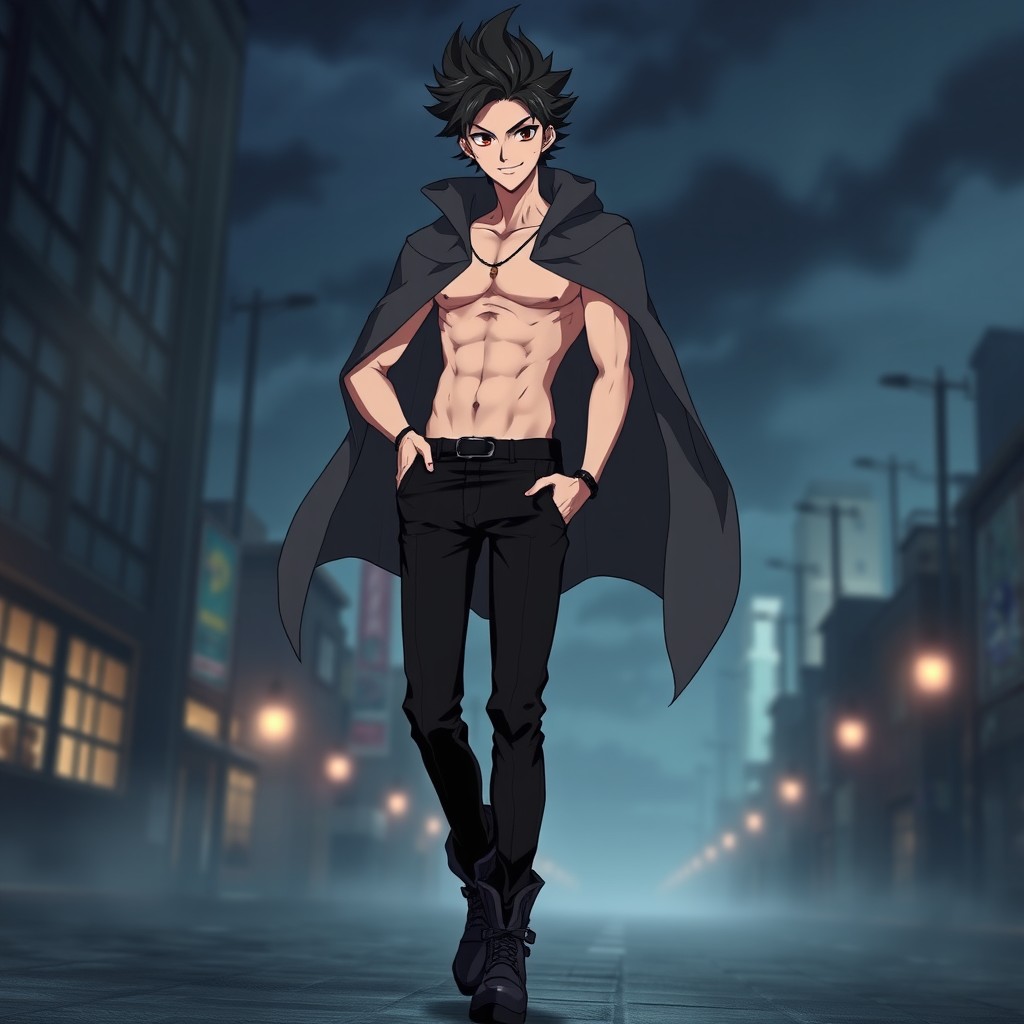 An anime character inspired by Darker than Black, depicting a young man around 25 years old with a daring expression and a flamboyant smile