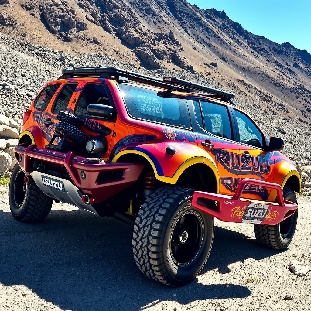 A strikingly modified Isuzu Amigo, showcasing custom paintwork in vibrant colors, with unique body modifications like a wider stance and custom bumpers