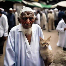 An elderly Hajj pilgrim transforming into a cat-like monster in a market.