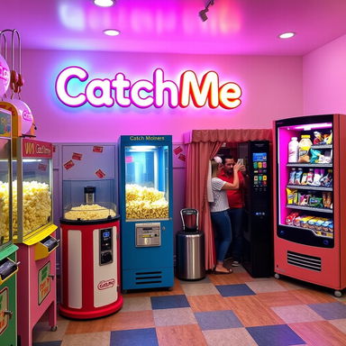 A vibrant claw machine shop interior, showcasing various colorful claw machines lined up against the walls