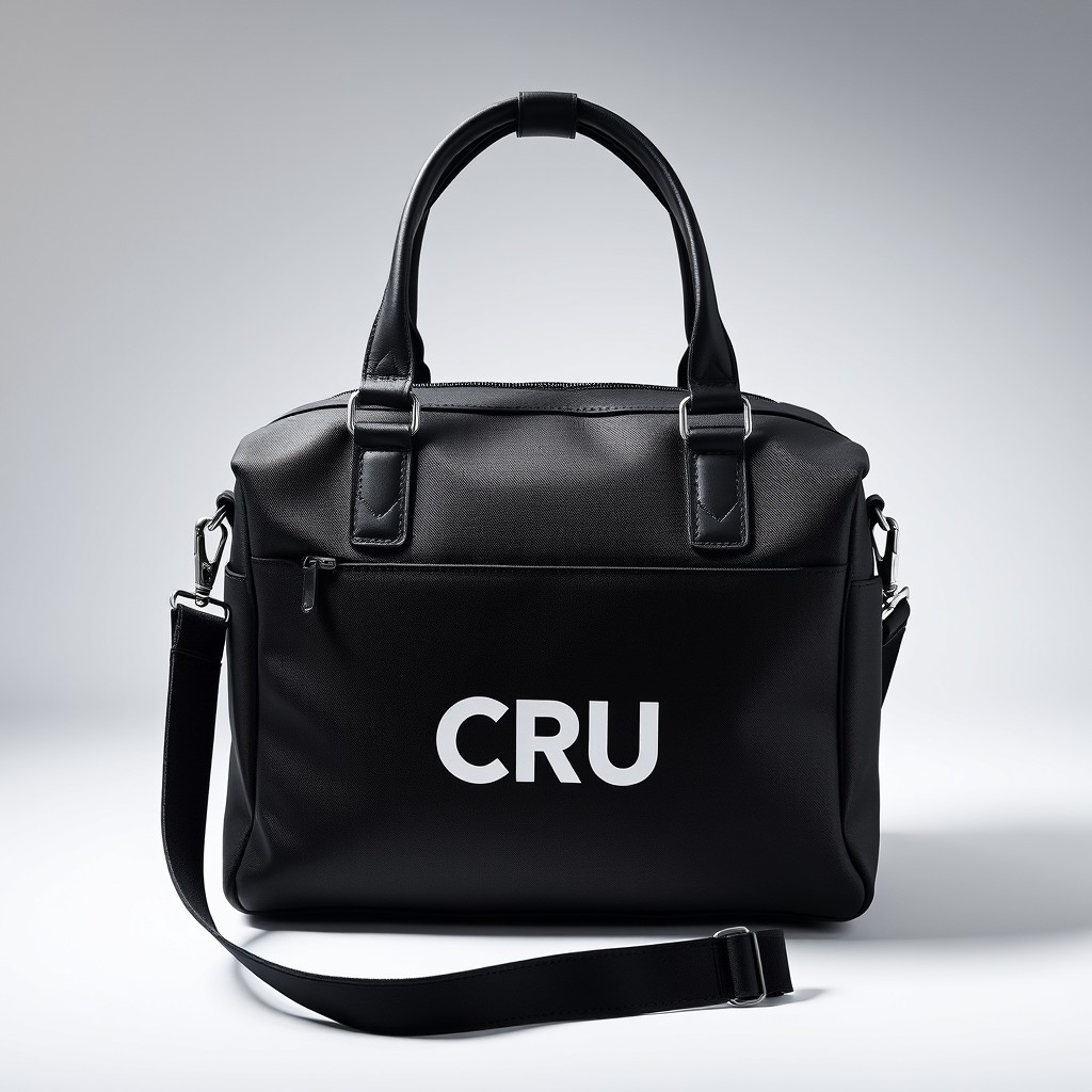 A stylish black travel bag featuring a prominent white logo 'CRÜ' centered on the front