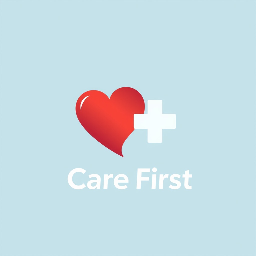 A logo design that features a heart and a medical cross, symbolizing compassion, healthcare, and Care First's commitment to patient well-being
