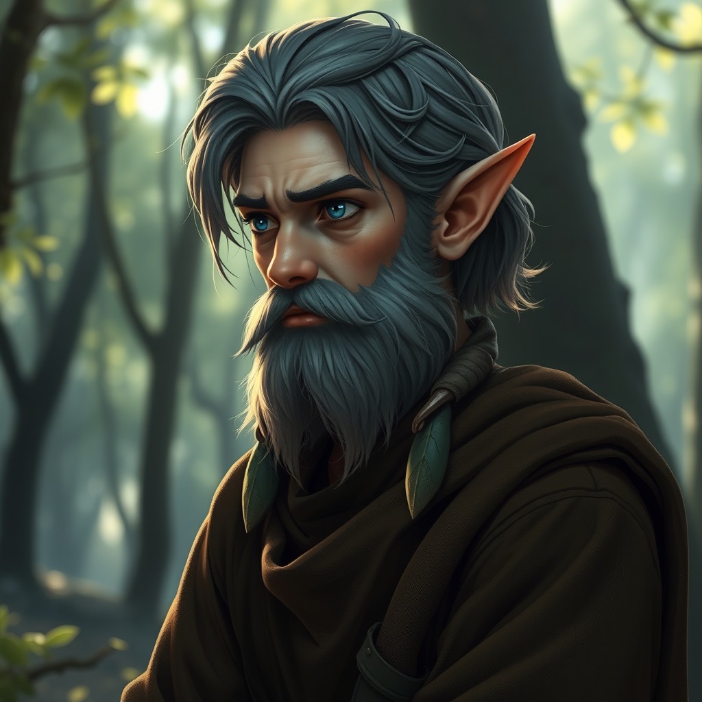 A young half-elf with the hair and beard of an old human, wearing a brown tunic