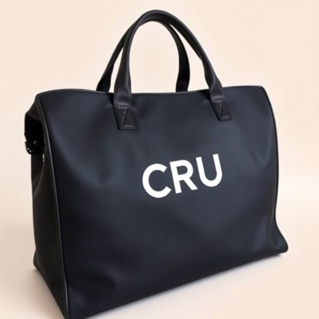 A large, elegant black travel bag featuring a prominent white logo "CRÜ" in the center
