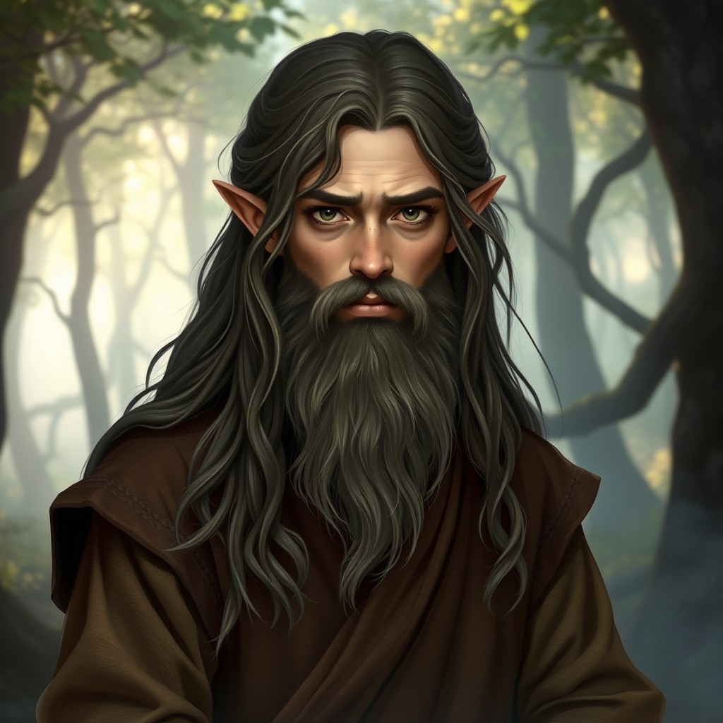 A young half-elf with long hair and a long beard resembling those of an old human, dressed in a brown tunic