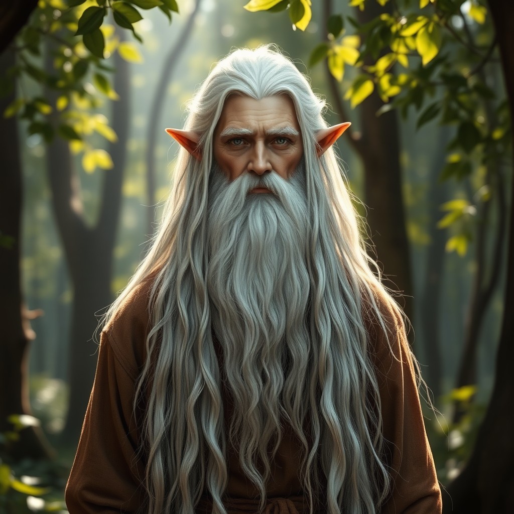 A young half-elf with very long, white hair and a flowing white beard resembling that of an old human, dressed in a brown tunic
