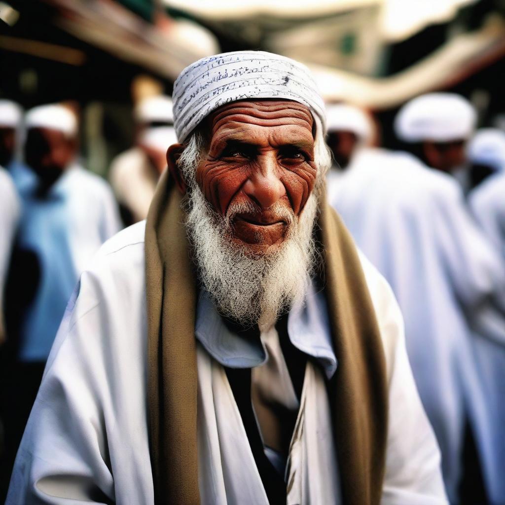 An elderly Hajj pilgrim transforming into a cat-like monster in a market.