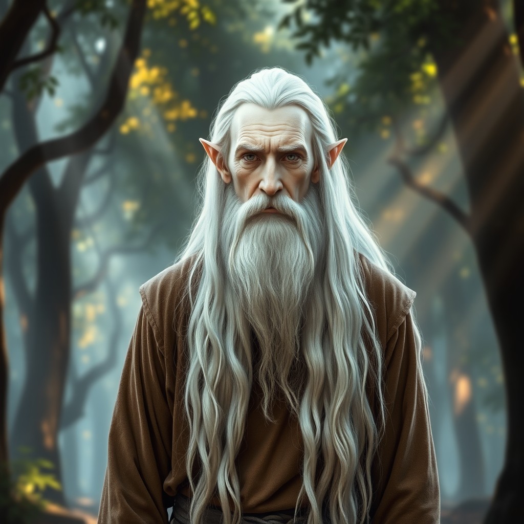 A half-elf with a smooth, white face without wrinkles, featuring very long, white hair and a flowing white beard reminiscent of an old human