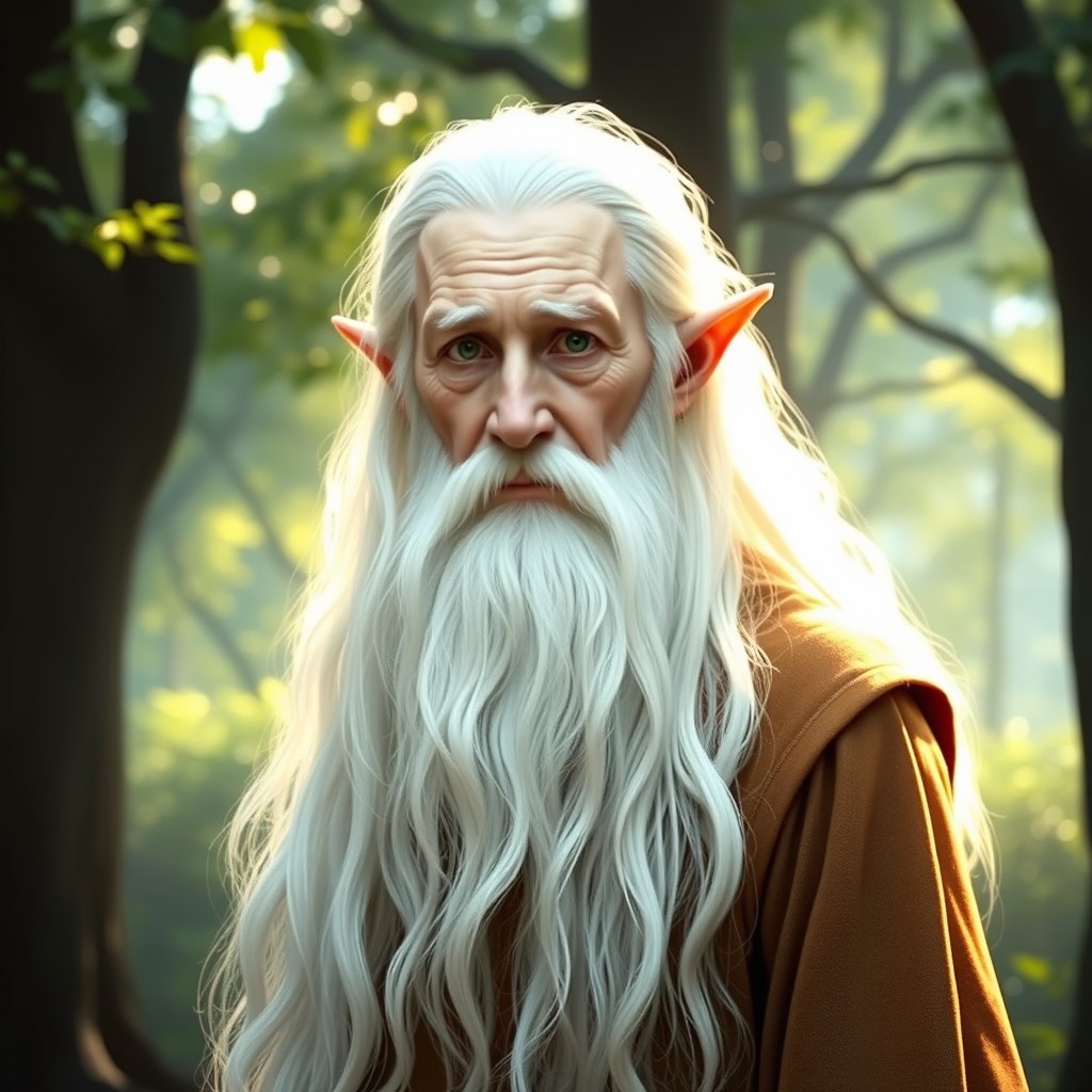 A half-elf with a smooth, white face, completely free of wrinkles, showcasing very long, flowing white hair and a long white beard reminiscent of an old human