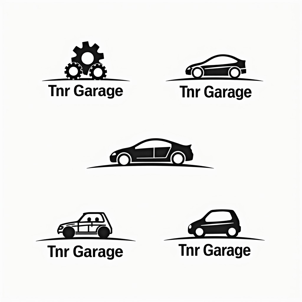 Five logo designs for 'Tnr Garage', featuring a minimalist and iconic style