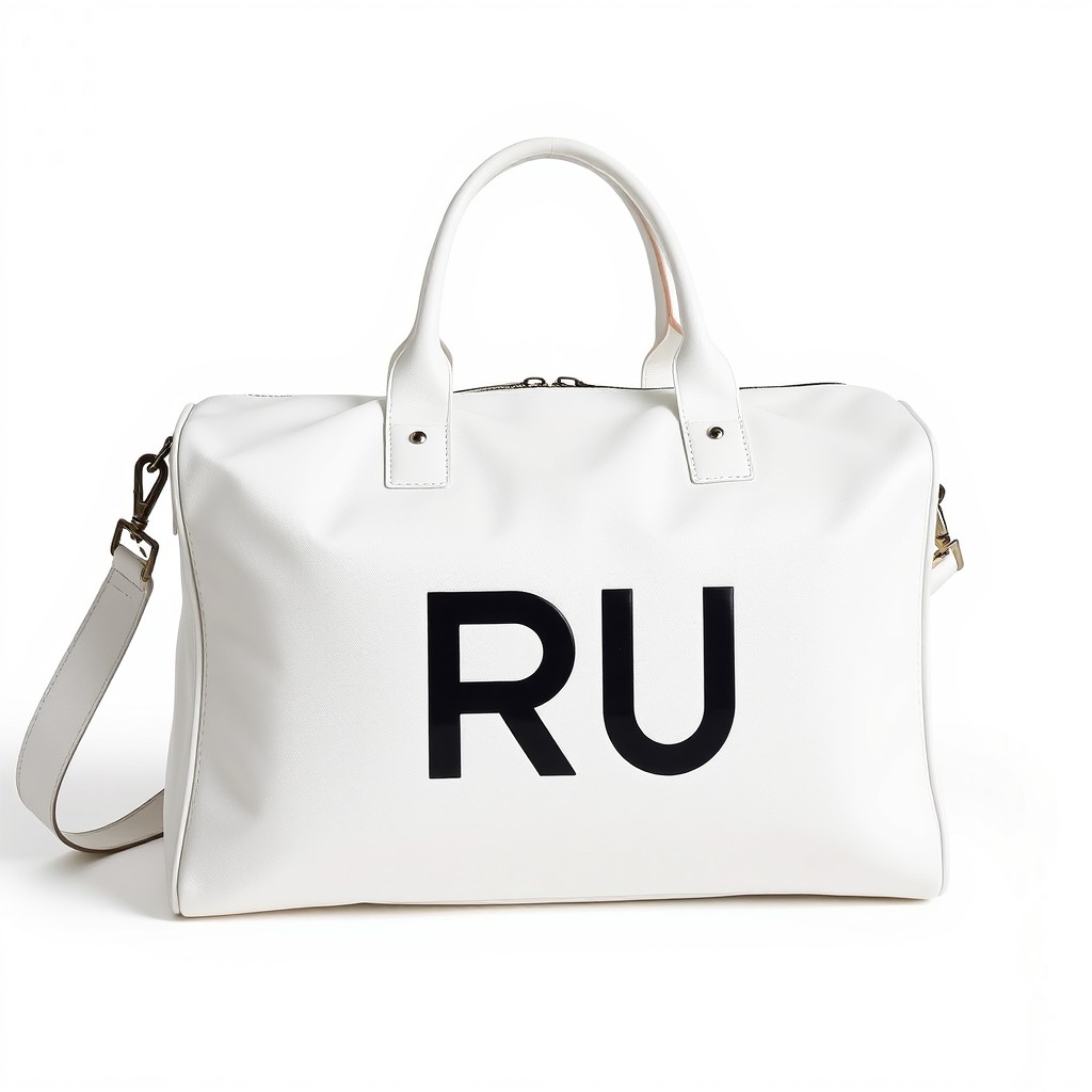 A stylish white travel bag featuring a bold, black logo with the letters 'CRÜ' prominently displayed