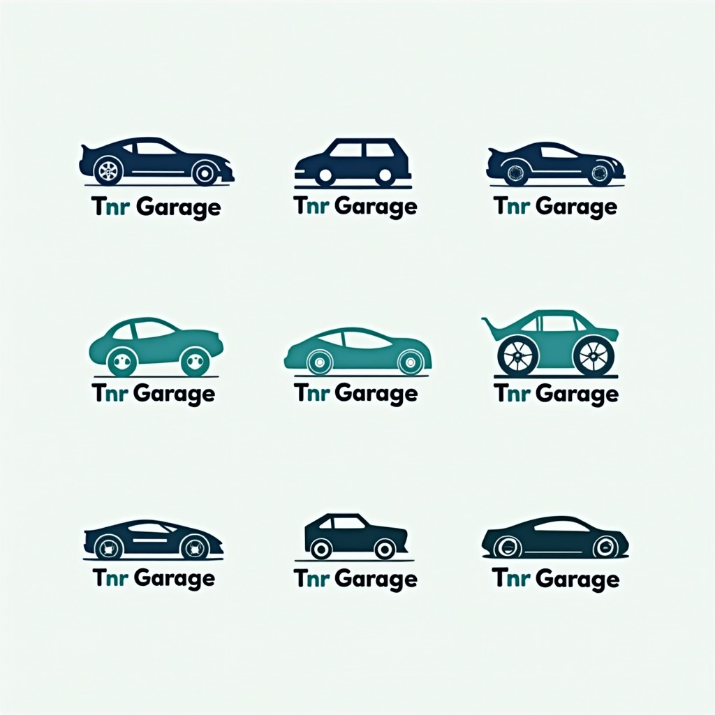Design five successive logo concepts for 'Tnr Garage', a minimalist and iconic automobile garage that reflects transparency and trust