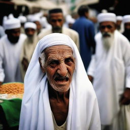 An elderly Hajj pilgrim transforming into a cat-like monster in a market.