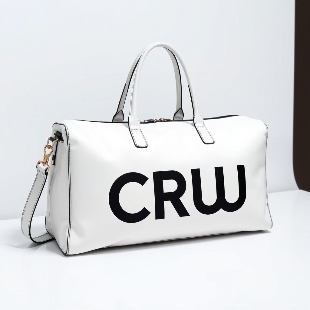A stylish, long white travel bag featuring a sleek design and the logo 'CRÜ' in bold black letters prominently displayed