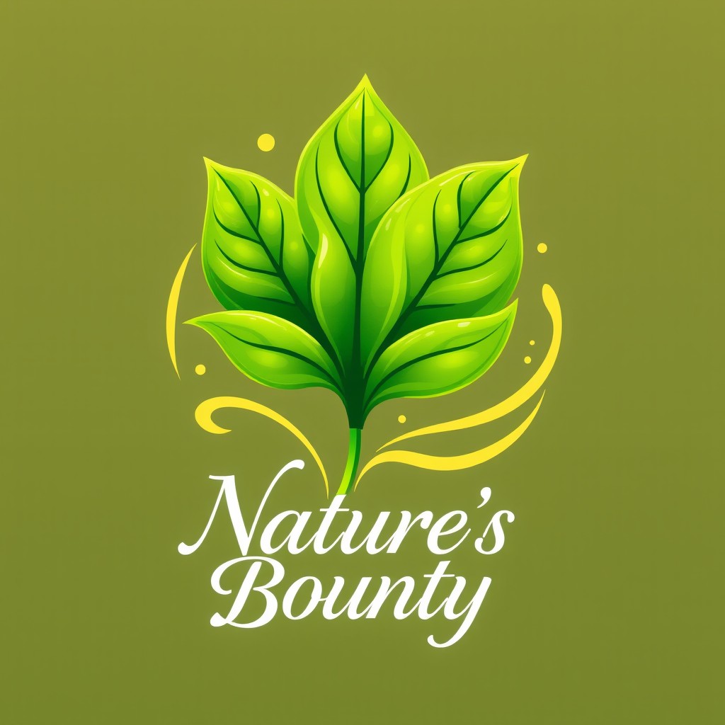 A logo design depicting a vibrant leaf, symbolizing Nature's Bounty's commitment to sustainability and eco-friendly practices