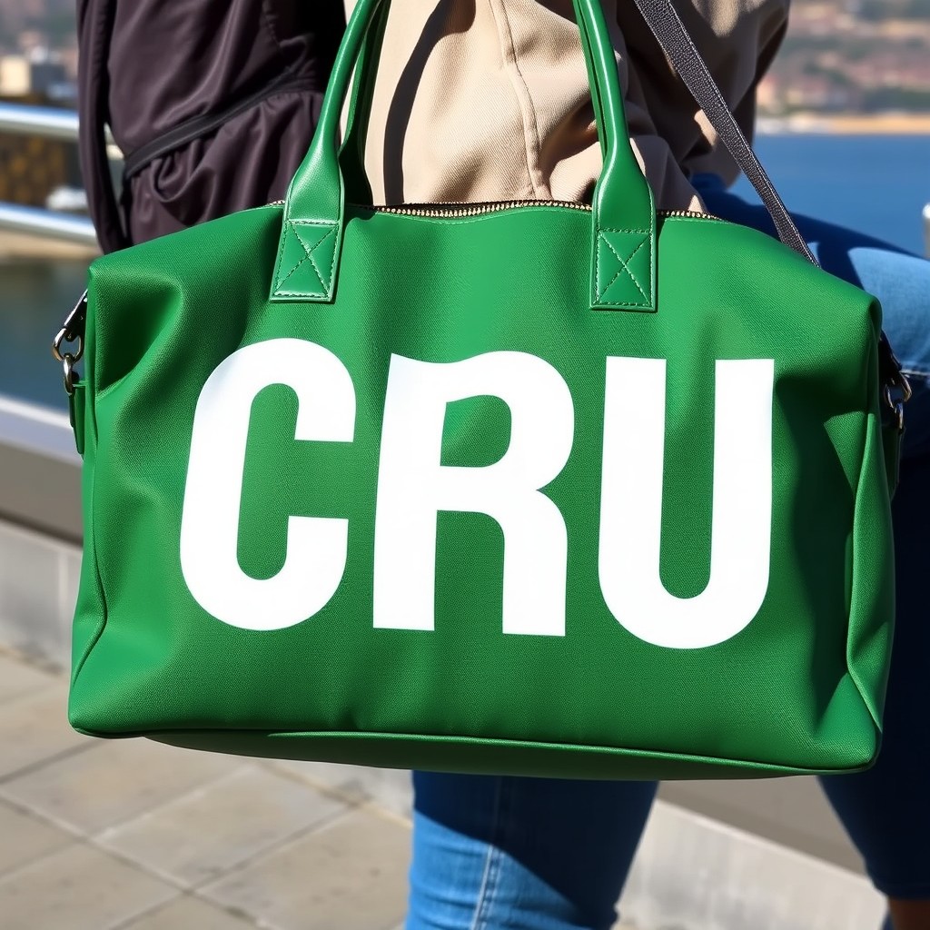 A stylish green travel bag featuring the letters 'CRÜ' prominently displayed in white