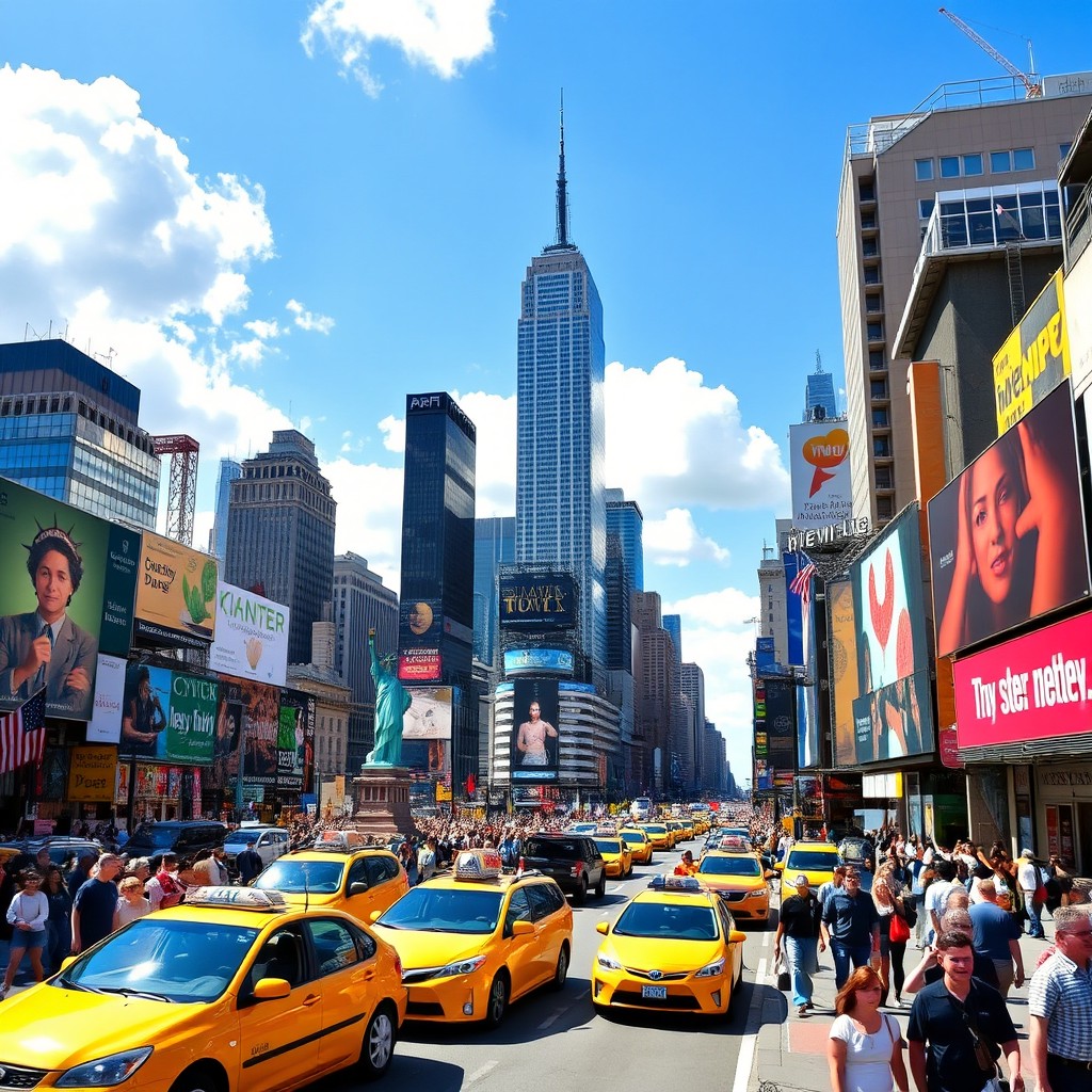 A vibrant and bustling cityscape of New York City, showcasing iconic landmarks such as the Statue of Liberty, Times Square, and the Empire State Building