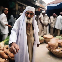 An elderly Hajj pilgrim transforming into a cat-like monster in a market.