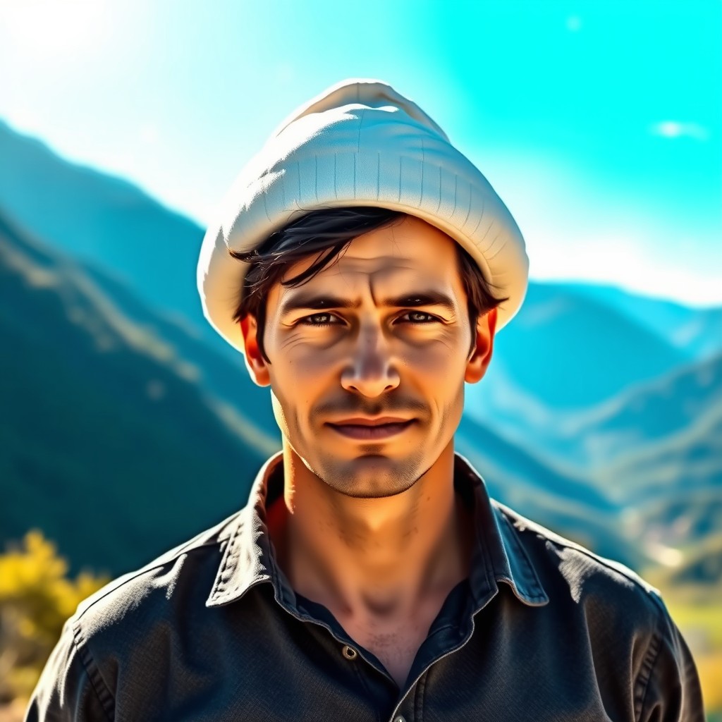 A man standing confidently, wearing a traditional Albanian cap (qele), which is white and shaped like a small, rounded hat
