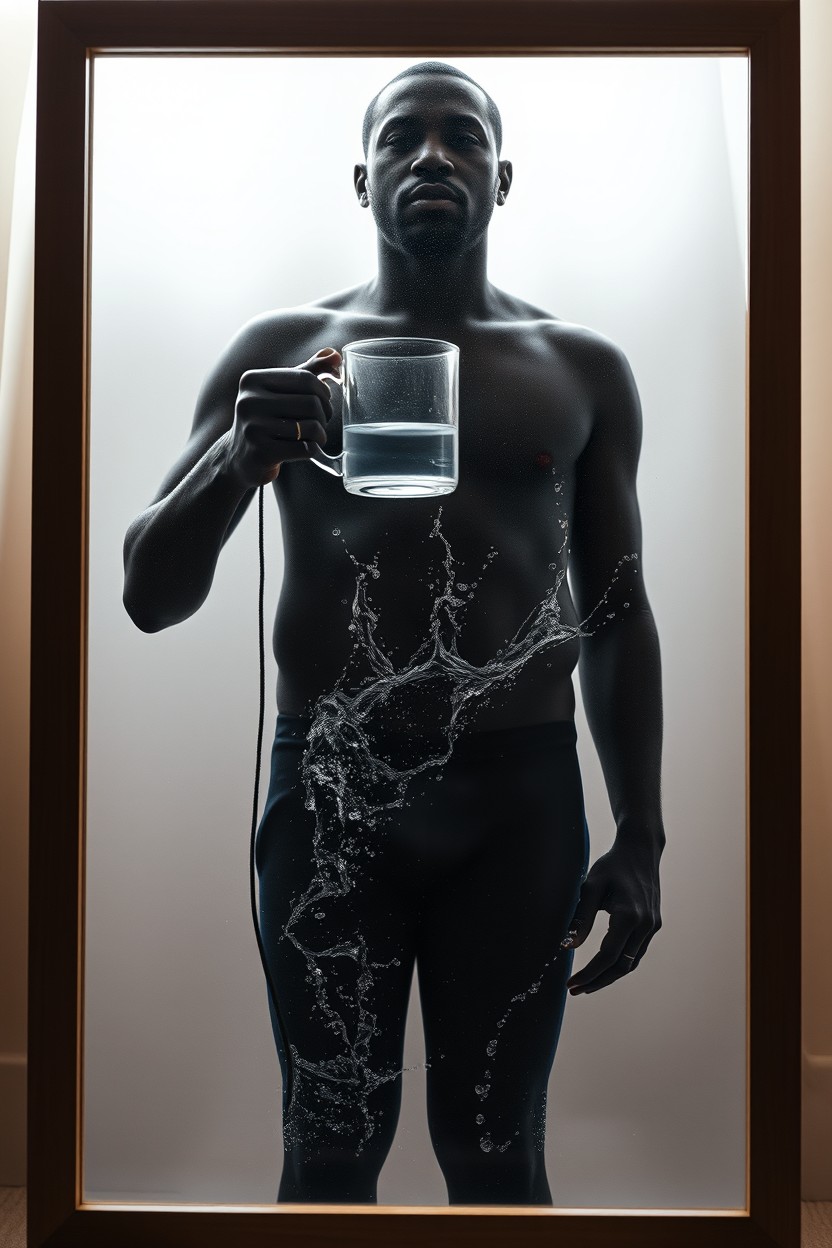 A framed, translucent image featuring a black man holding a mug of water