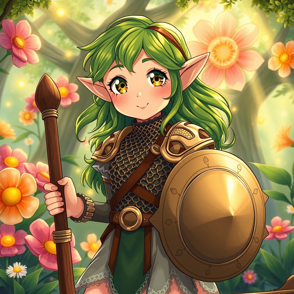 A charming illustration of a pre-teen girl elf in the delightful Ghibli anime style, showcasing her excitement and hyperactive energy