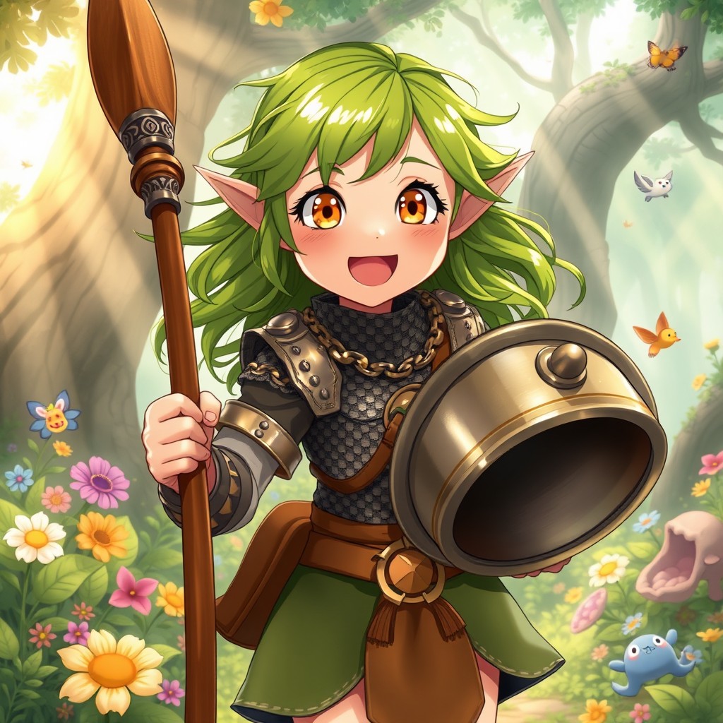 A delightful illustration of a pre-teen girl elf in the enchanting Ghibli anime style, bursting with excitement and hyperactivity