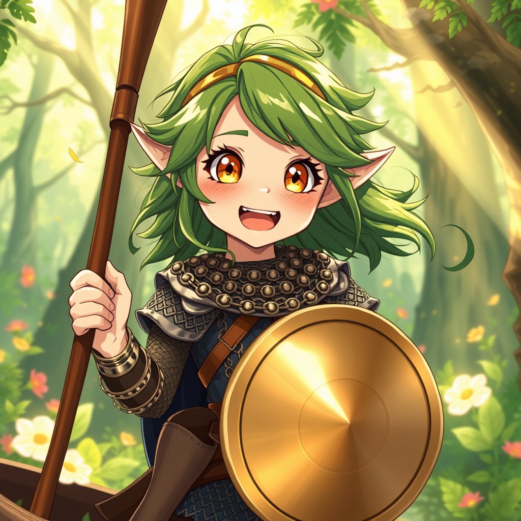 A vibrant illustration of a pre-teen girl elf in the enchanting Ghibli anime style, bursting with excitement and hyperactivity