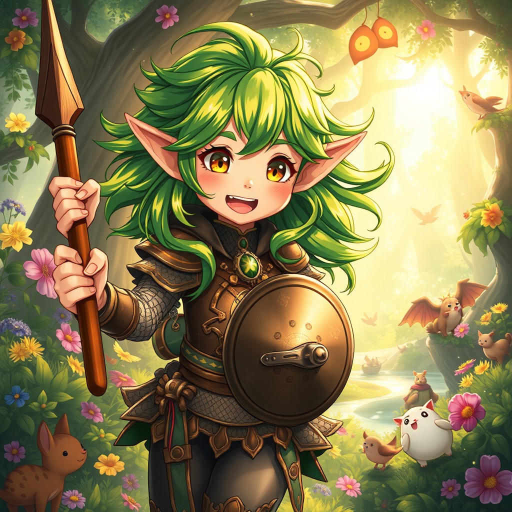 A vibrant illustration of a pre-teen girl elf in the enchanting Ghibli anime style, brimming with excitement and hyperactivity