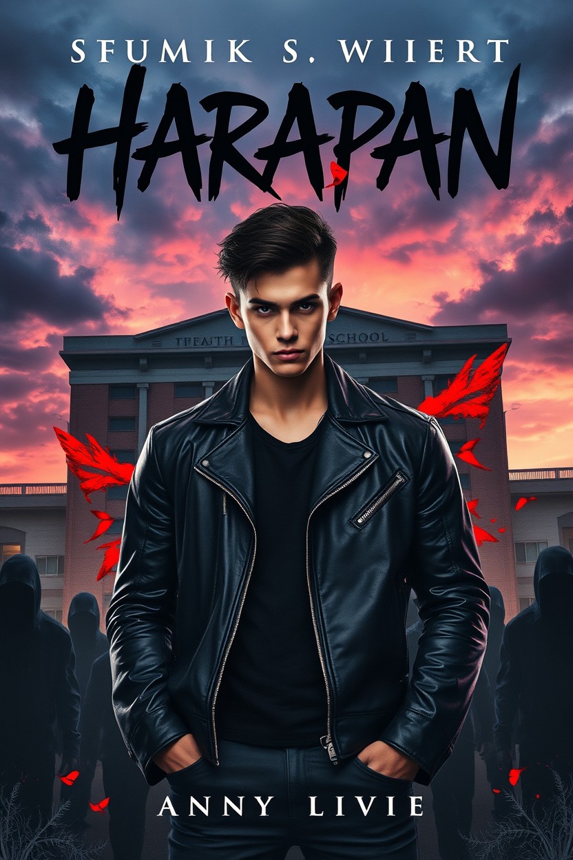 A captivating novel cover depicting a handsome bad boy, the leader of a black wolf gang, standing confidently against the backdrop of a high school named 'Harapan'