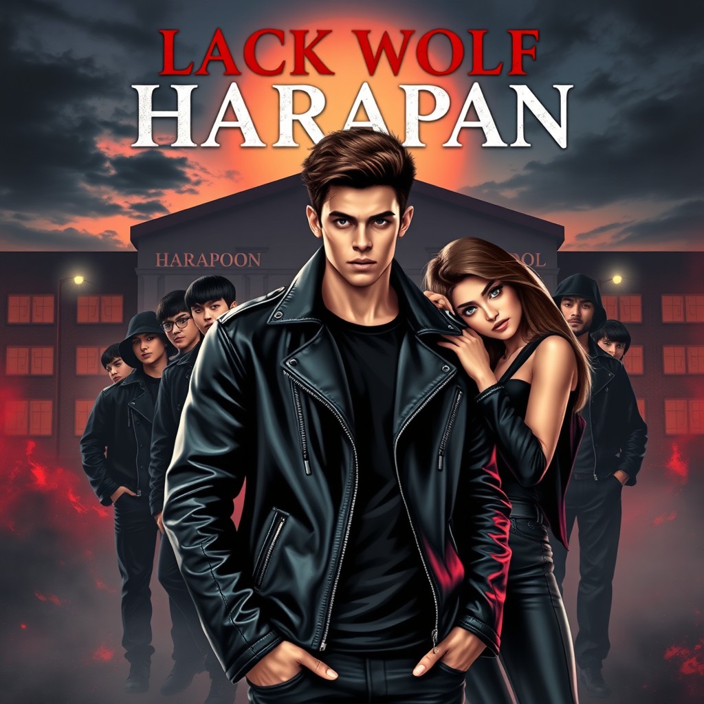 A striking novel cover featuring a handsome bad boy, the leader of a black wolf gang, at the center of the design