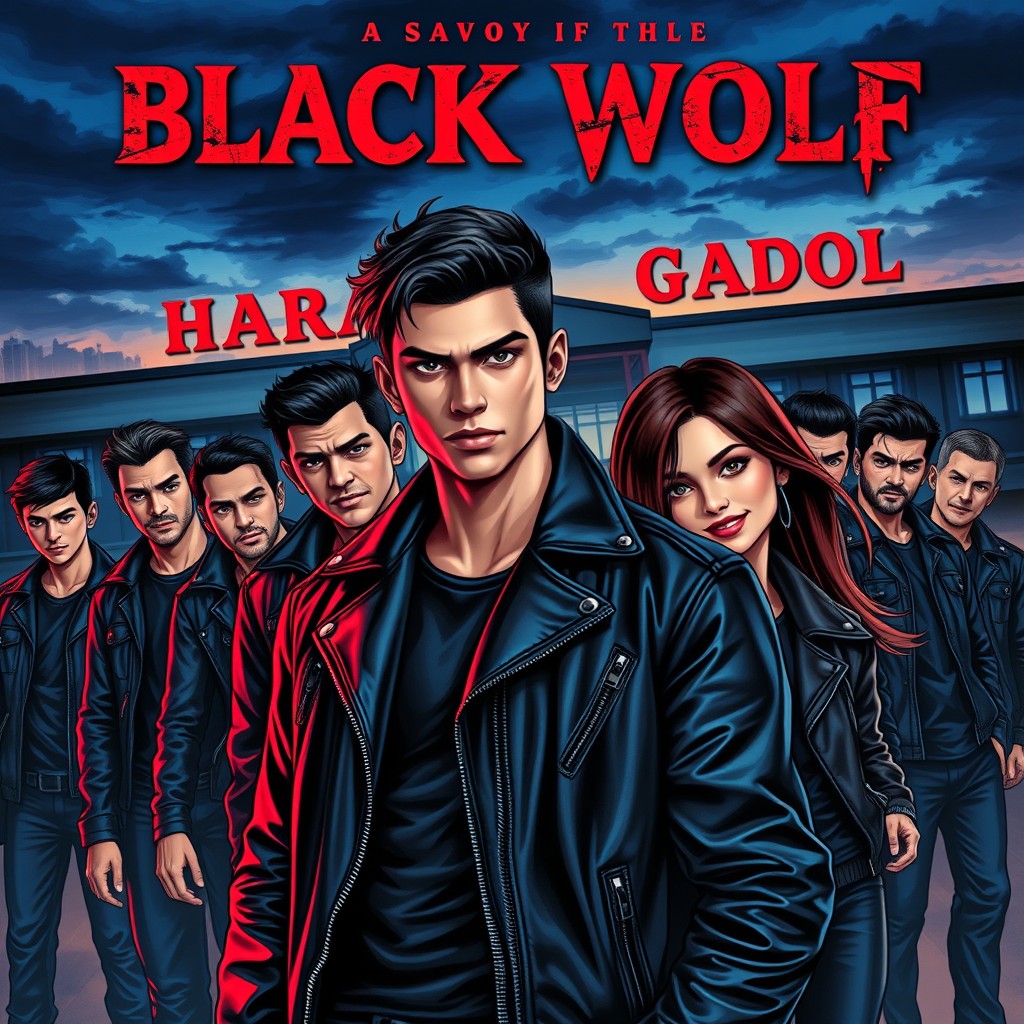 An eye-catching novel cover featuring a handsome bad boy, the leader of the Black Wolf Gang, standing confidently at the forefront