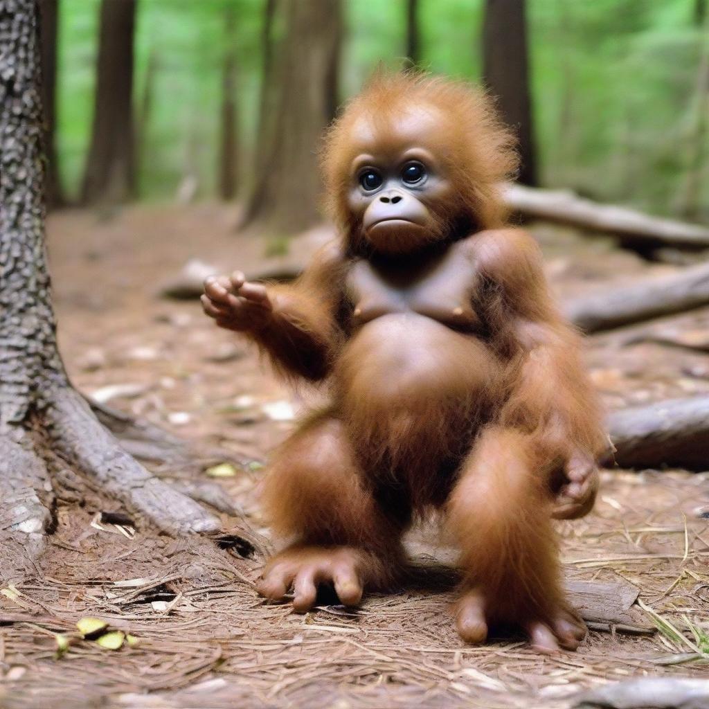 Charming image of a Bigfoot baby with disproportionately large, cute feet and eyes.