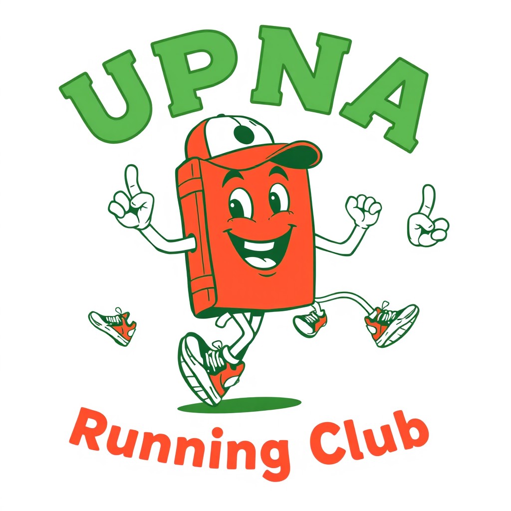 A retro cartoon-style illustration featuring the mascot of an urban running club, showcasing anthropomorphic characters such as a smiling book with arms and legs, joyfully running together with cheerful expressions