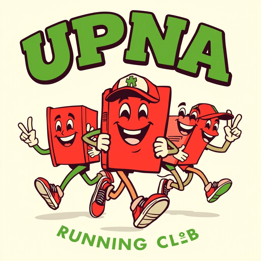 A retro cartoon-style illustration featuring the mascot of an urban running club, showcasing anthropomorphic characters such as a lively book with a face, arms, and legs, joyfully running together with cheerful expressions