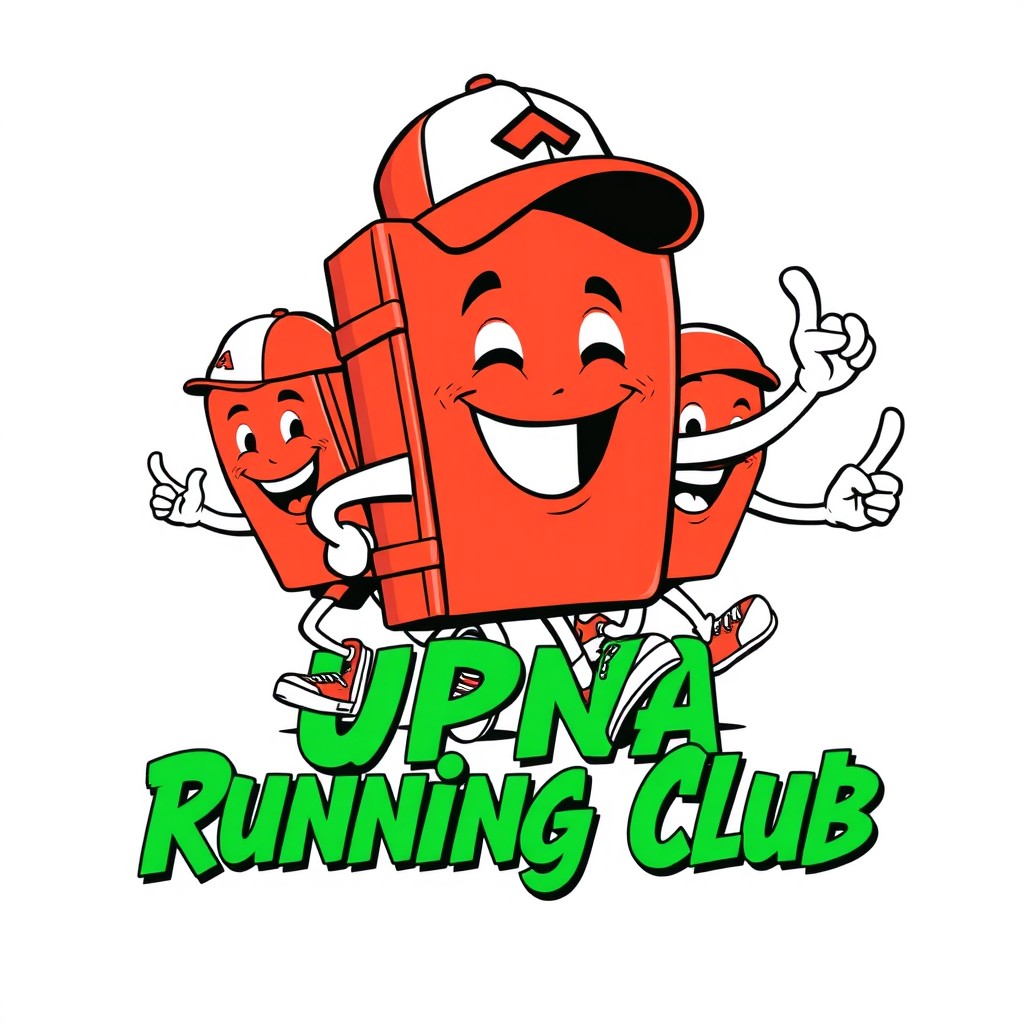 A retro cartoon-style illustration featuring the mascot of an urban running club, depicting anthropomorphic characters such as a cheerful book with a face, arms, and legs, joyfully running together