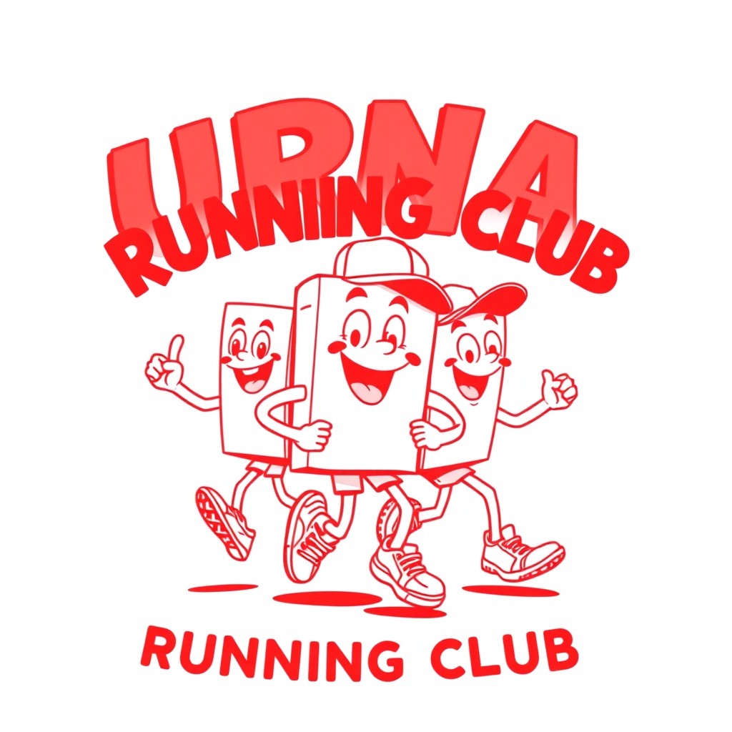 A retro cartoon-style illustration featuring the mascot of an urban running club, depicting anthropomorphic characters like a cheerful book with arms and legs, joyfully running together with happy expressions