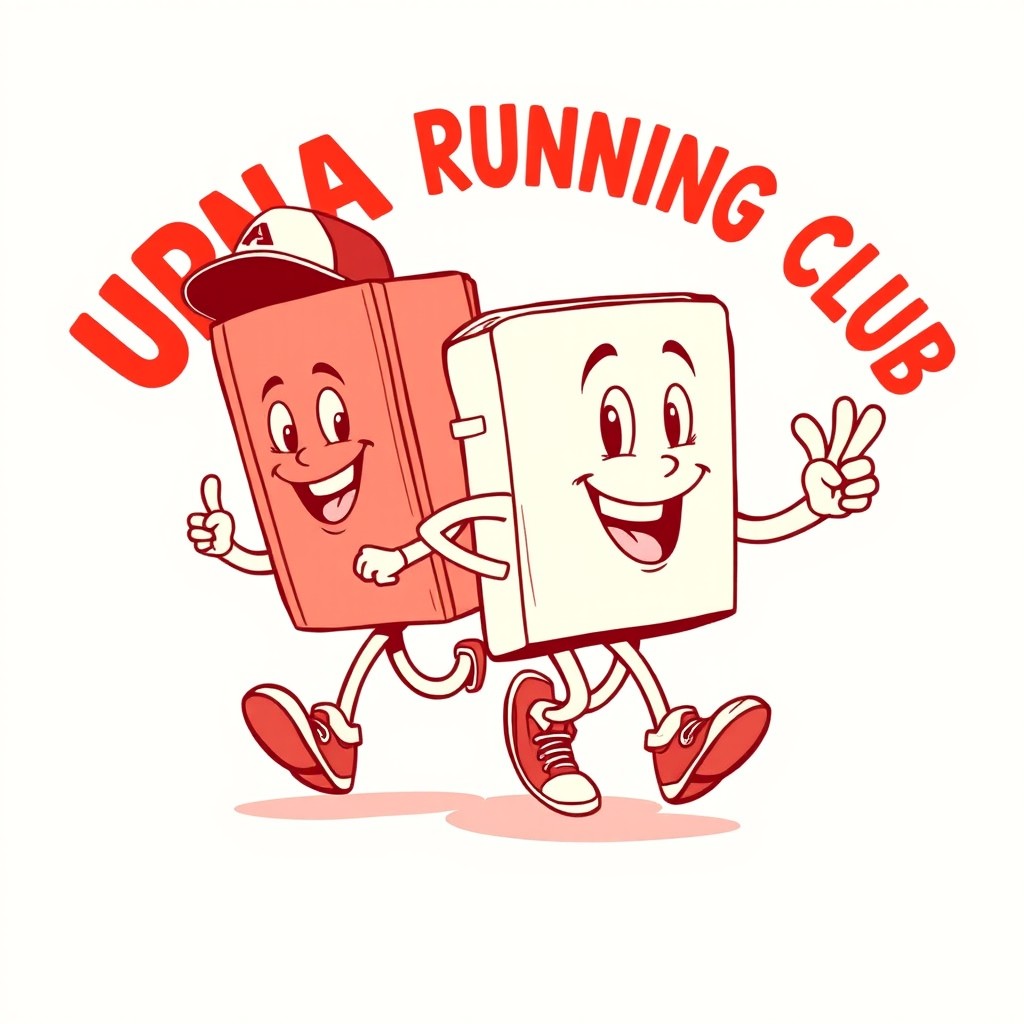 A retro cartoon-style illustration featuring the mascot of an urban running club, depicting anthropomorphic characters such as a cheerful book with a face, arms, and legs, joyfully running together with happy expressions