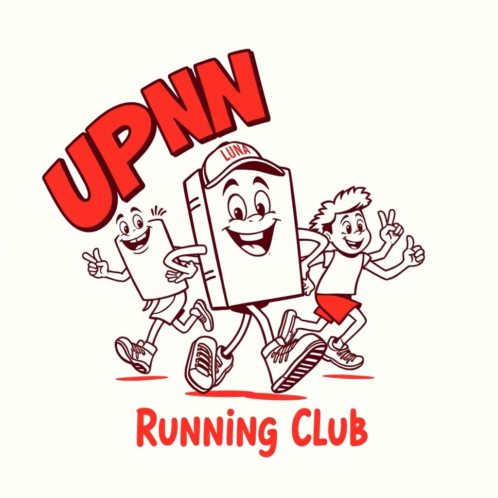 A retro cartoon-style illustration featuring the mascot of an urban running club, showcasing an anthropomorphic character of a book with a face, arms, and legs, joyfully running alongside other characters with happy expressions