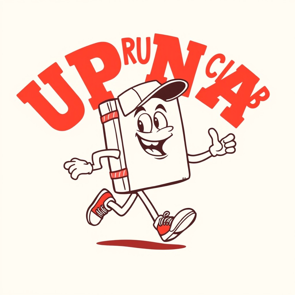 A retro cartoon-style illustration featuring the mascot of an urban running club, showcasing an anthropomorphic character of a book with a face, arms, and legs, joyfully running with a happy expression
