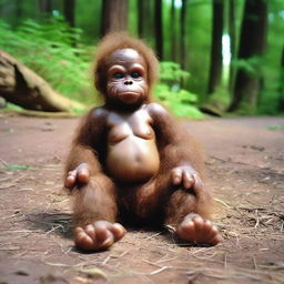 Charming image of a Bigfoot baby with disproportionately large, cute feet and eyes.