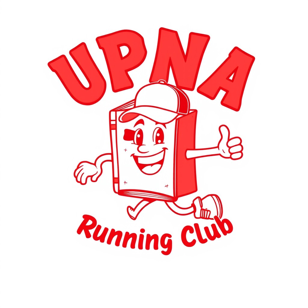 A retro cartoon-style illustration featuring the mascot of an urban running club, showcasing an anthropomorphic character of a book with a face, arms, and legs, joyfully running with a happy expression