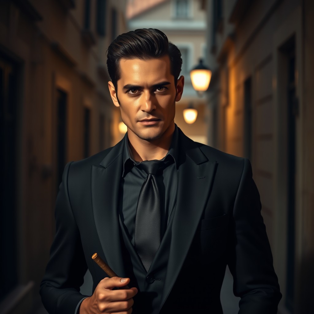 A stylish Italian mafia man dressed in an all-black tailored suit