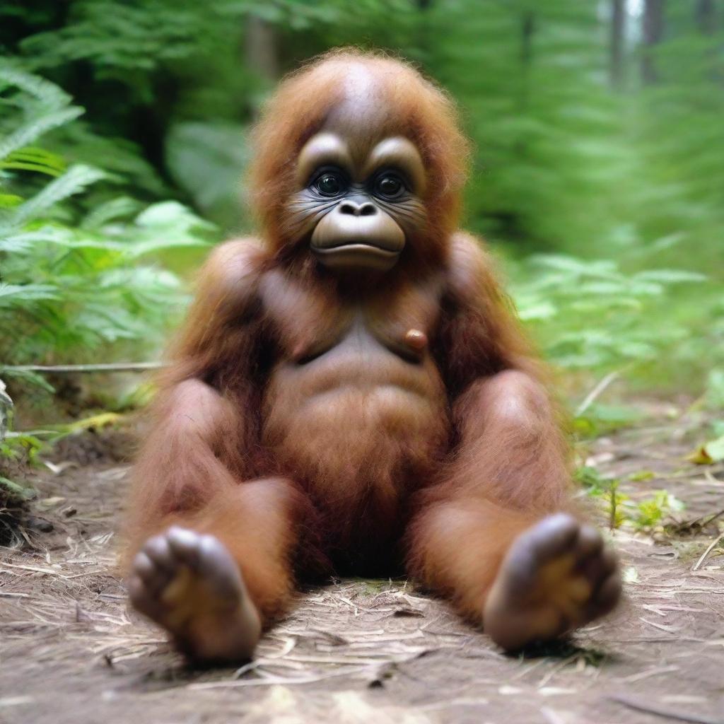 Charming image of a Bigfoot baby with disproportionately large, cute feet and eyes.