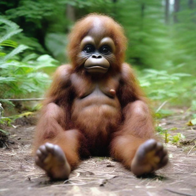 Charming image of a Bigfoot baby with disproportionately large, cute feet and eyes.