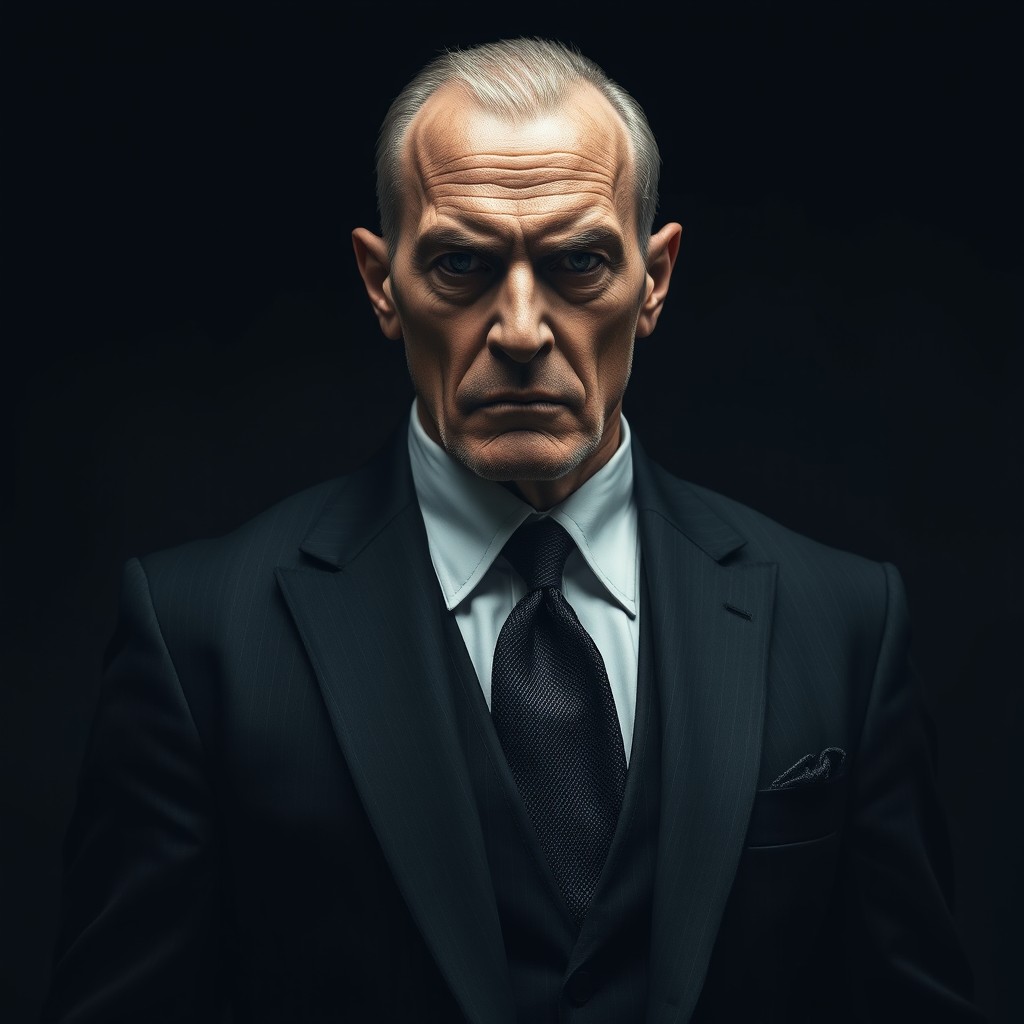 A portrait of a menacing man known as "The Scorpion", dressed in a perfectly tailored black suit as if woven from the silence of graves