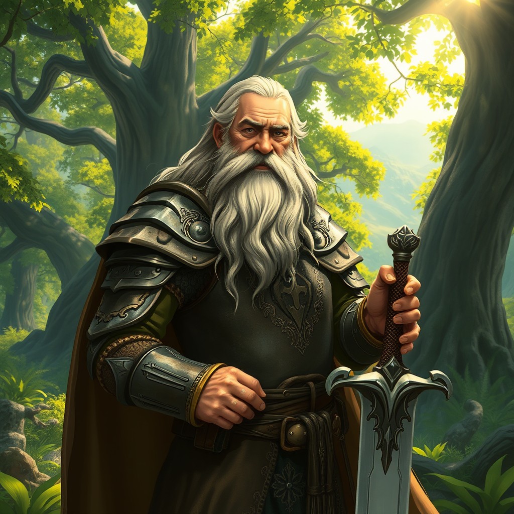 An aged, wise character resembling a medieval knight, with a rugged beard and long hair, standing confidently in a lush green forest