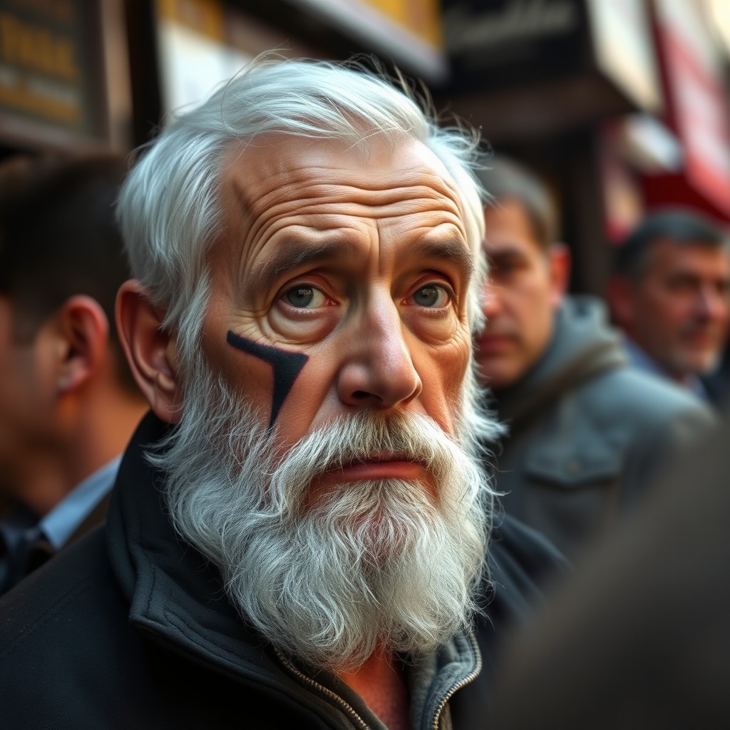 A sixty-year-old man named Vito Santi, with a light white beard and a distinctive scar that stretches from his left eyebrow to his jaw