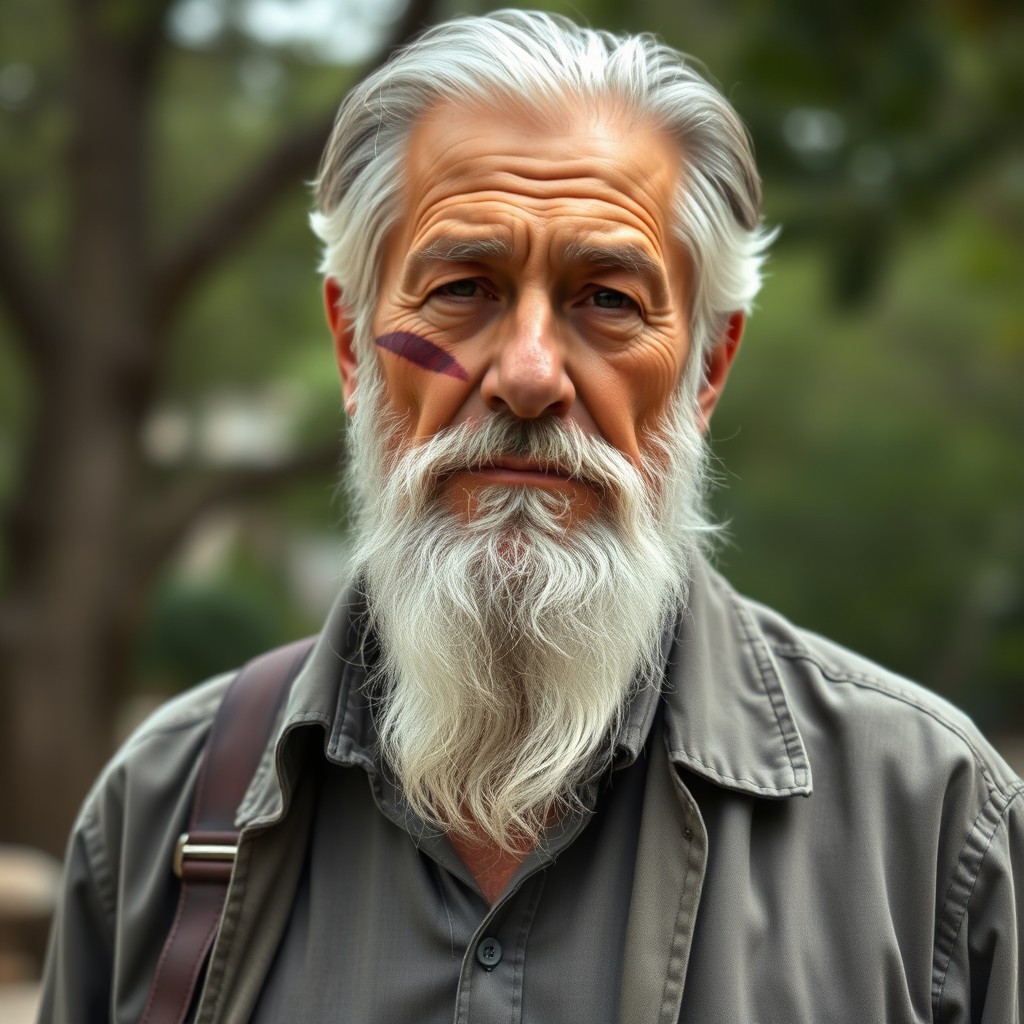 A sixty-year-old man named Vito Santi, featuring a light white beard and a prominent scar that extends from his left eyebrow down to his jaw