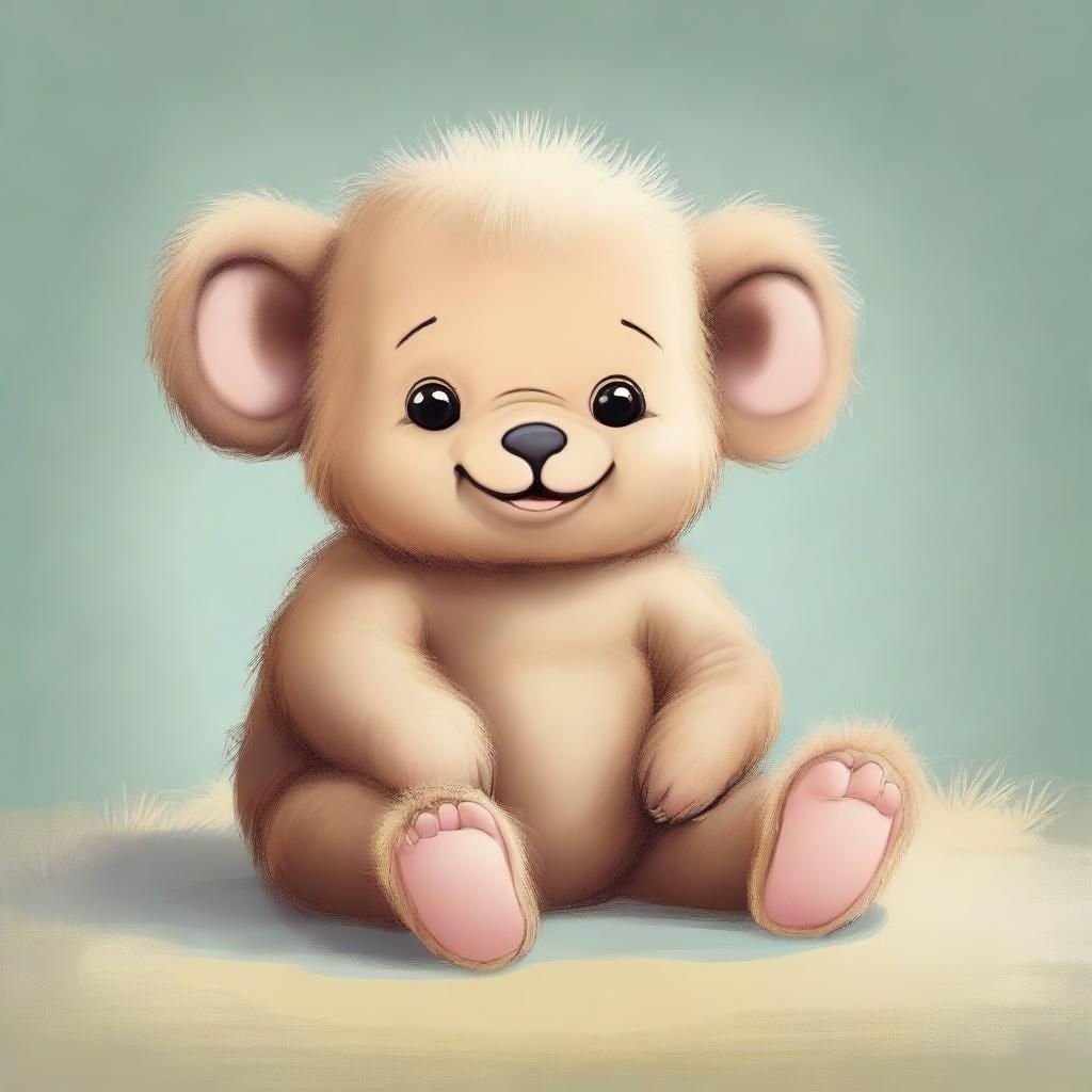 An endearing illustration of a baby with oversized feet, fluffy mammoth-like fur, and gentle, dog-like eyes.