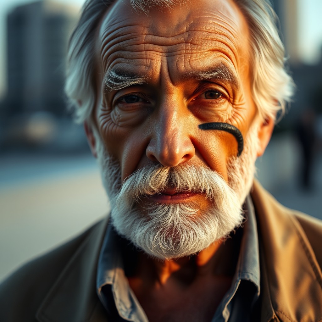 A sixty-year-old man named Vito Santi, featuring a light white beard and a striking scar that extends from his left eyebrow to his jawline
